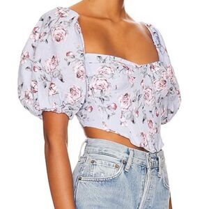 Bardot Kiah Corset Bustier Crop Top Blue Rose Floral Puff Sleeves Womens Size XS